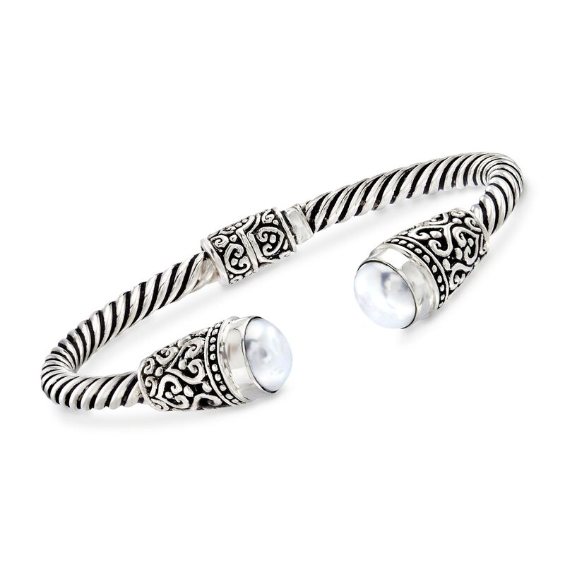 10-10.5mm Cultured Pearl Bali-Style Cuff Bracelet in Sterling Silver. 7.5&quot; image number 0