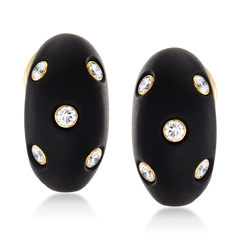 C. 1990 Vintage Black Glass and .58 ct. t.w. Diamond Clip Earrings in 18kt Yellow Gold image number 0