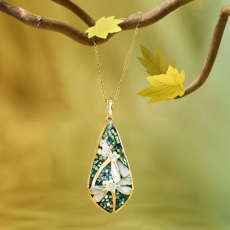 Mother-of-Pearl and Abalone Shell Dragonfly Mosaic Pendant Necklace in 18kt Gold Over Sterling. 18&quot; image number 2