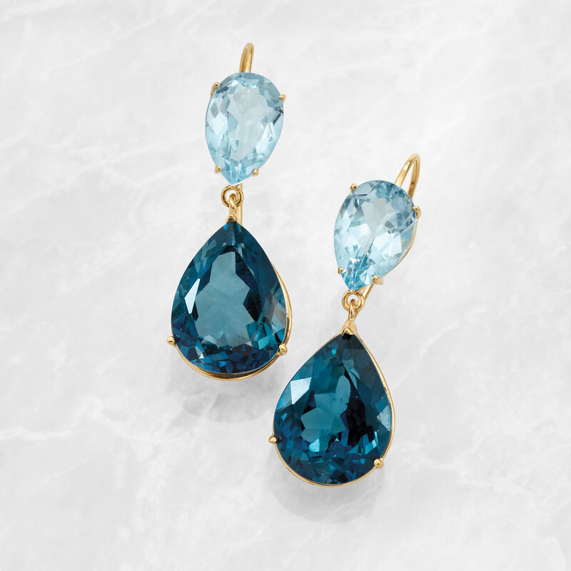 25.00 ct. t.w. London and Sky Blue Topaz Drop Earrings in 14kt Yellow Gold  image number 2
