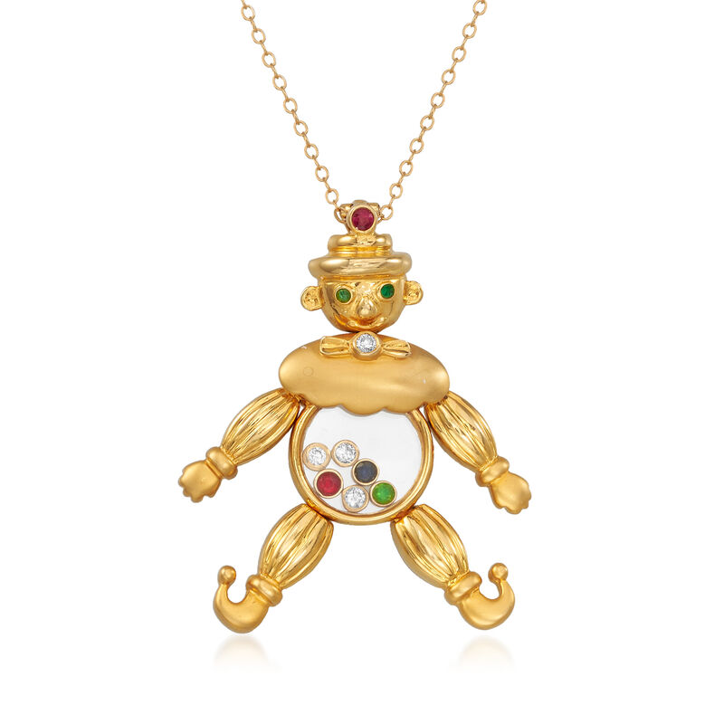 C. 1980 Vintage .15 ct. t.w. Diamond and .14 ct. t.w. Multi-Gemstone Clown Pendant Necklace in 18kt Yellow Gold image number 0
