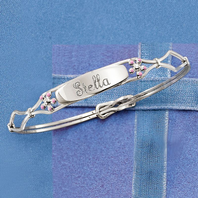 Child's Sterling Silver Personalized ID Bracelet with Pink Enamel Flowers image number 2