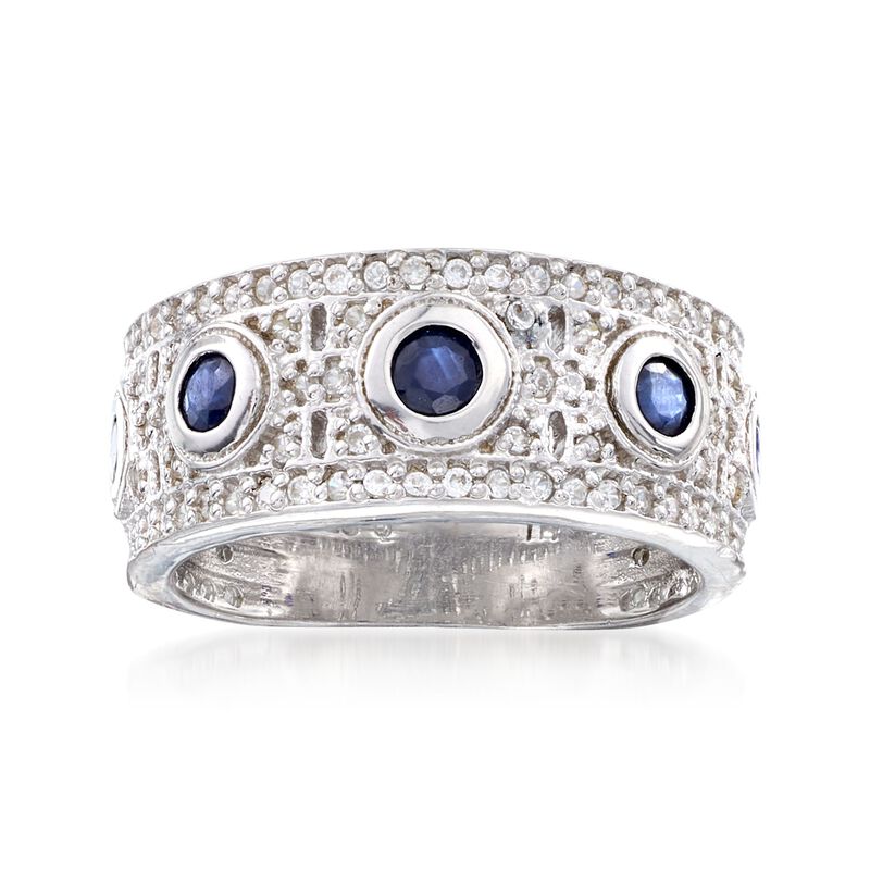 .90 ct. t.w. White Zircon and .70 ct. t.w. Sapphire Ring in Sterling Silver image number 0