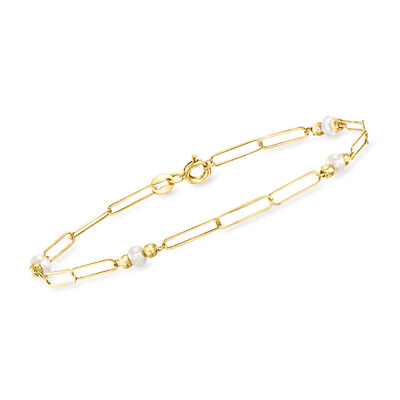 Italian 3-3.5mm Cultured Pearl Paper Clip Link Bracelet in 10kt Yellow Gold