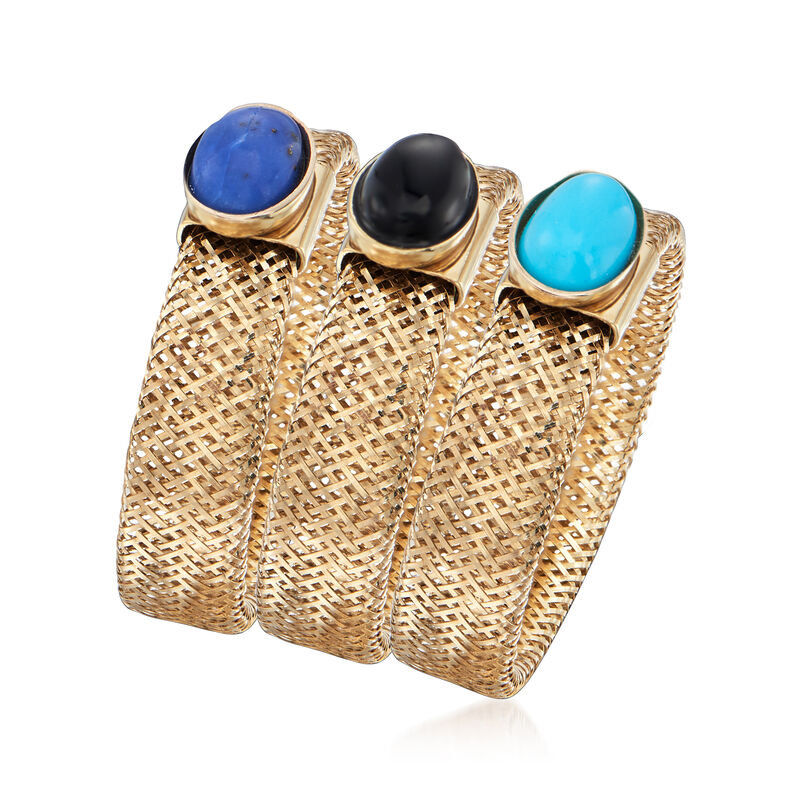 Italian Multi-Gemstone Jewelry Set: Three 14kt Yellow Gold Mesh Rings image number 2