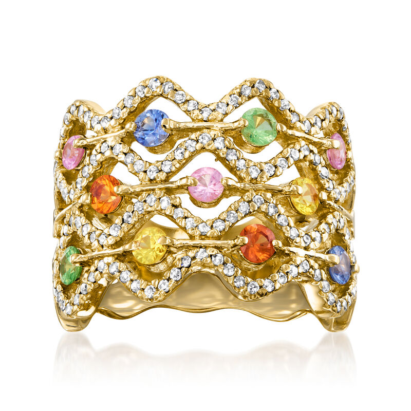 C. 1990 Vintage 1.65 ct. t.w. Multicolored Sapphire and 1.05 ct. t.w. Diamond Ring in 14kt Yellow Gold. Size 8 image number 0
