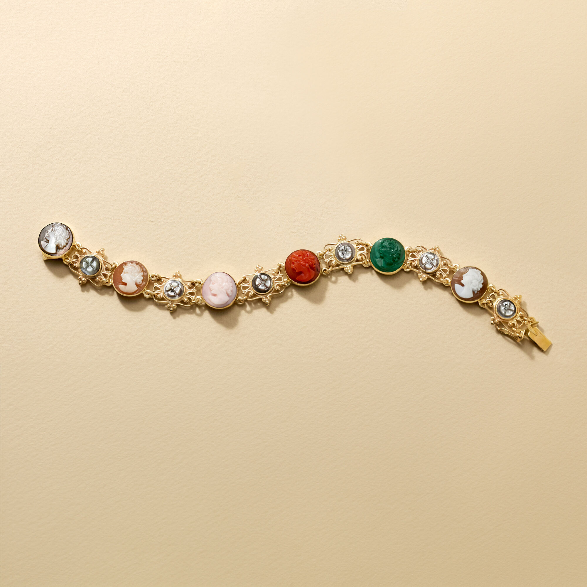 C. 1970 Multi-Gemstone Cameo Bracelet in 14kt Yellow Gold. 7&quot