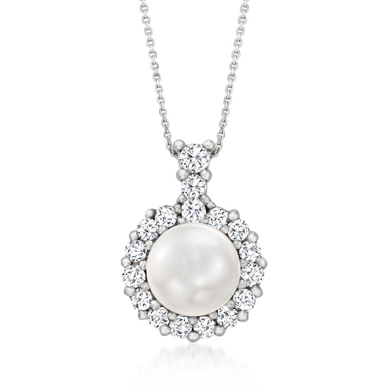 8mm Cultured Pearl Pendant Necklace with .56 ct. t.w. Diamonds in 14kt White Gold. 16&quot; image number 0