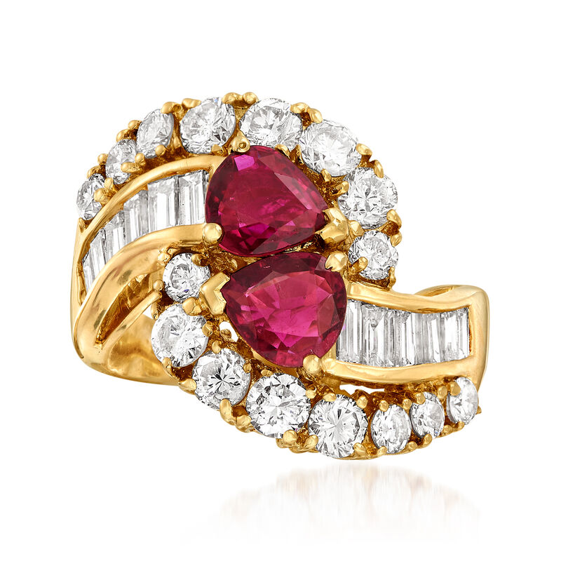 C. 1980 Vintage 2.50 ct. t.w. Diamond and 1.50 ct. t.w. Ruby Bypass Ring in 18kt Yellow Gold image number 0