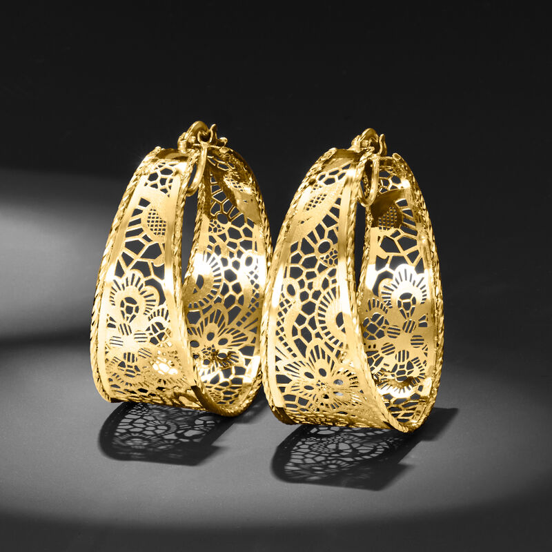 Italian 14kt Yellow Gold Textured and Polished Lace Hoop Earrings image number 2