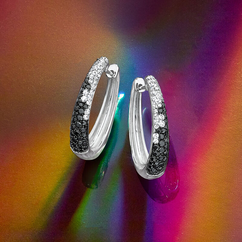 .75 ct. t.w. Black and White Diamond Hoop Earrings in Sterling Silver image number 2