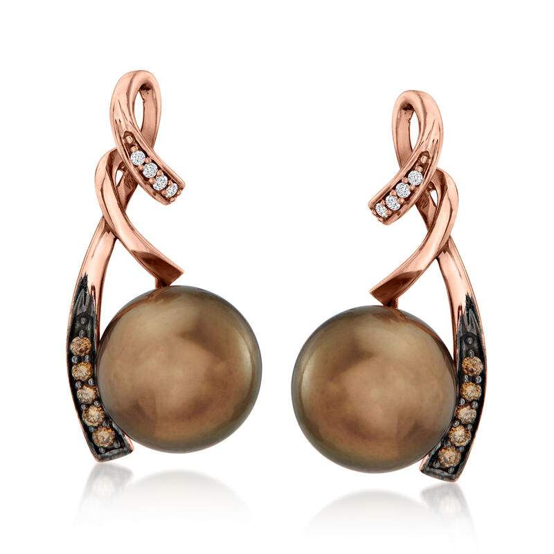 Le Vian 9-10mm Chocolate Pearl Twisted Drop Earrings with .11 ct. t.w. Chocolate and Vanilla Diamonds in 14kt Strawberry Gold image number 0