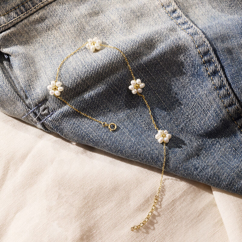 3-3.5mm Cultured Pearl Flower Station Anklet in 14kt Yellow Gold. 9&quot; image number 2
