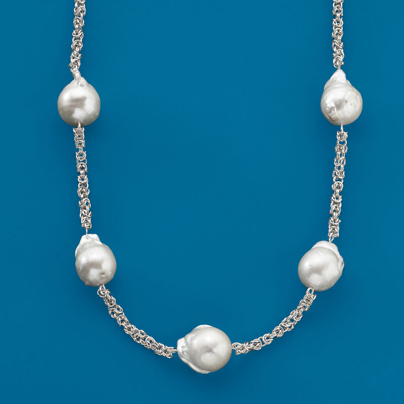 14-16mm Cultured Baroque Pearl Byzantine Station Necklace in Sterling Silver image number 2