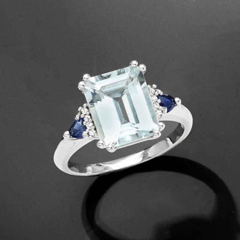 3.00 Carat Aquamarine and .30 ct. t.w. Sapphire Ring with Diamonds in Sterling Silver image number 4