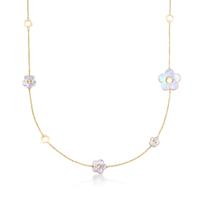 11.5-25mm Green and White Mother-Of-Pearl Flower Station Necklace in 18kt Yellow Gold. 39&quot; image number 1