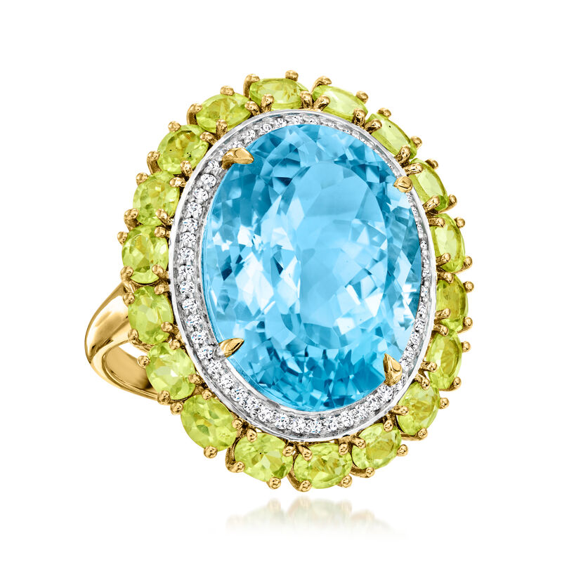 20.00 Carat Swiss Blue Topaz Ring with 3.20 ct. t.w. Peridots and .30 ct. t.w. White Topaz in 18kt Gold Over Sterling image number 3