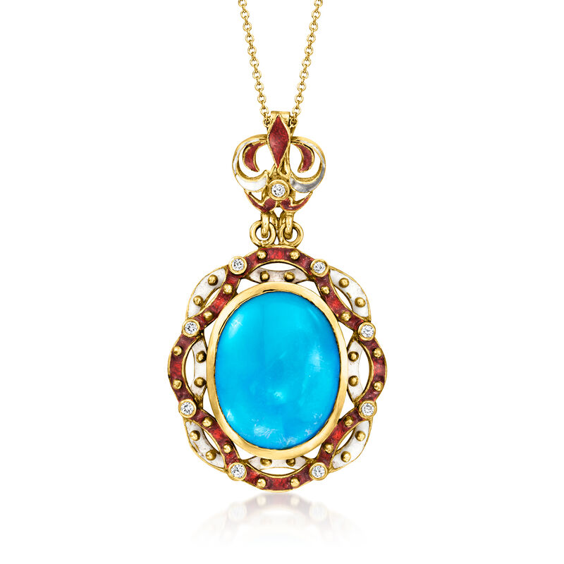 C. 1970 Vintage Turquoise and .25 ct. t.w. Diamond Pendant Necklace with Red and White Enamel in 18kt Yellow Gold image number 0