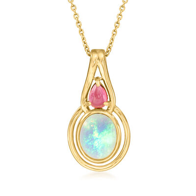 Opal and .50 ct. t.w. Pink Tourmaline Pendant Necklace in 18kt Gold Over Sterling