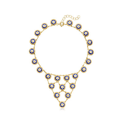 C. 1990 Vintage Blue and White Enamel Flower Disc Bib Necklace in 20kt Yellow Gold