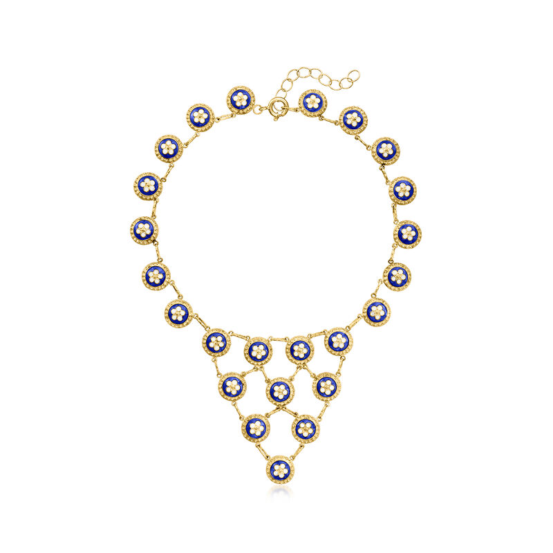 C. 1990 Vintage Blue and White Enamel Flower Disc Bib Necklace in 20kt Yellow Gold. 14" image number 1