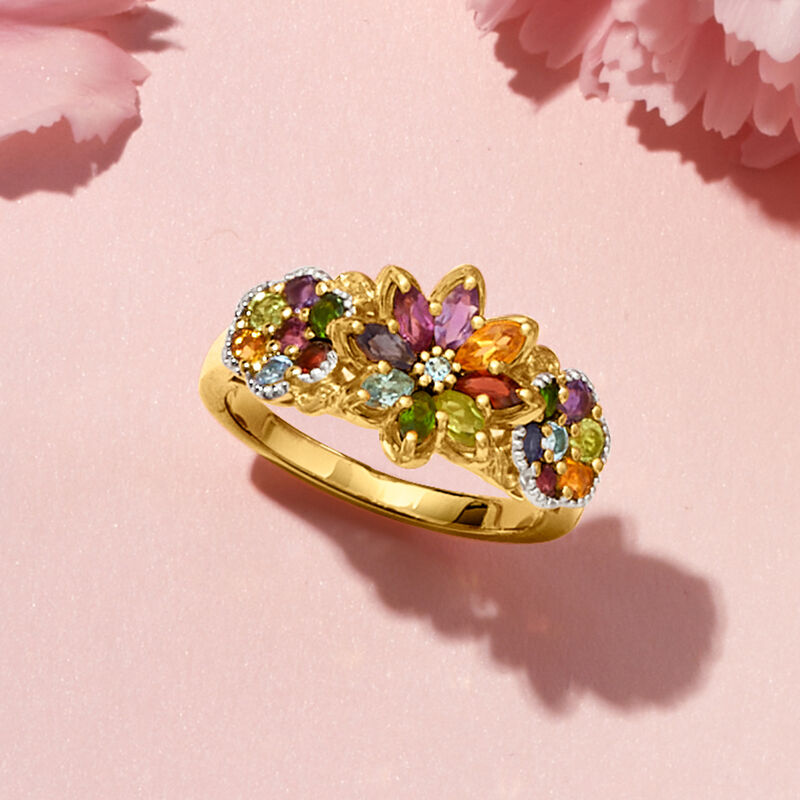 1.34 ct. t.w. Multi-Gemstone Floral Ring in 18kt Gold Over Sterling image number 3