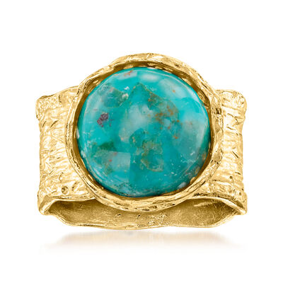 Turquoise Wide-Band Ring in Textured and Polished 18kt Gold Over Sterling