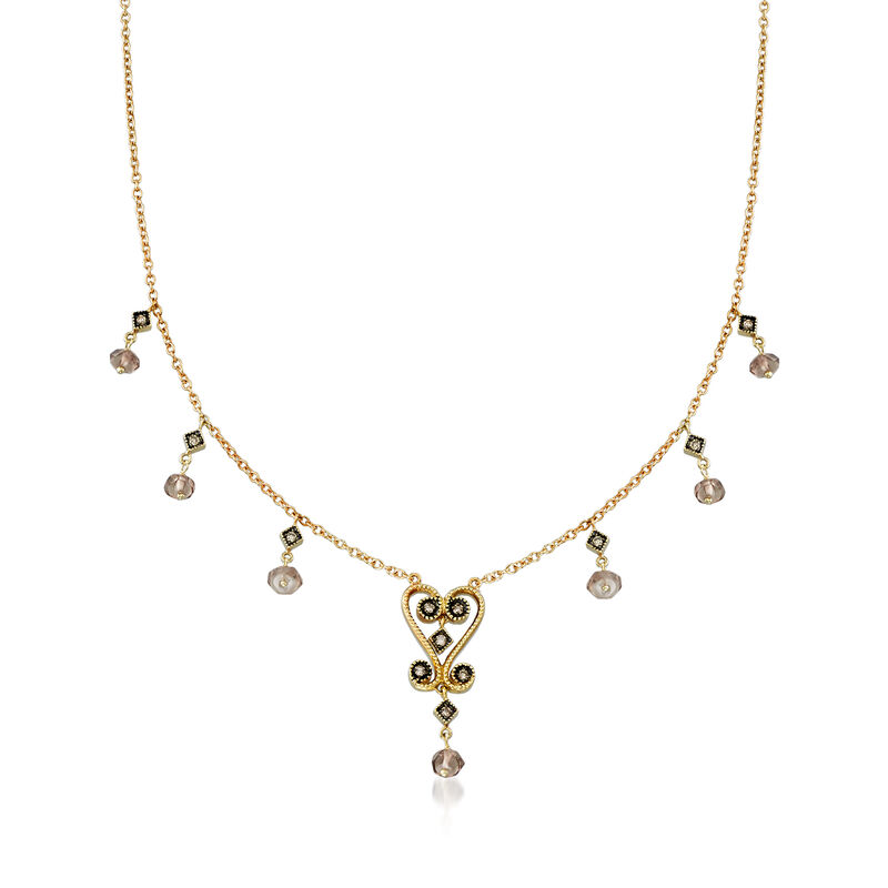 C. 2000 Vintage 1.00 ct. t.w. Smoky Quartz and .20 ct. t.w. Diamond Beaded Station Necklace in 14kt Yellow Gold image number 0