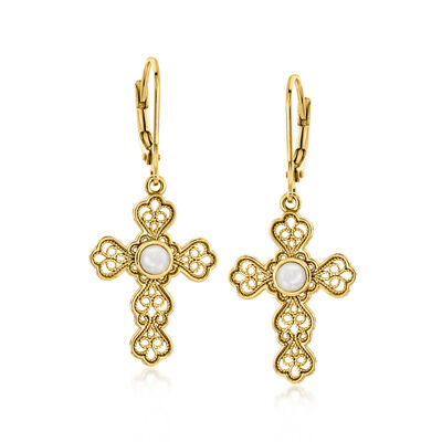 14kt Yellow Gold-Plated Filigree Cross Drop Earrings with 4mm Cultured Pearls