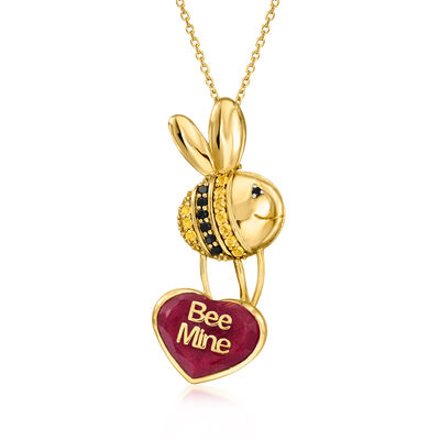 8.25 Carat Ruby "Bee Mine" Bumblebee Heart Pendant Necklace with .10 ct. t.w. Citrines and .10 ct. t.w. Black Spinels in 18kt Gold Over Sterling