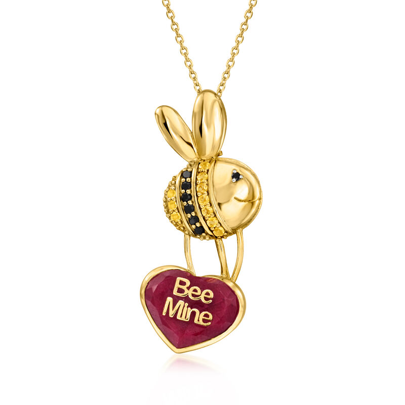 8.25 Carat Ruby &quot;Bee Mine&quot; Bumblebee Heart Pendant Necklace with .10 ct. t.w. Citrines and .10 ct. t.w. Black Spinels in 18kt Gold Over Sterling. 18&quot; image number 0