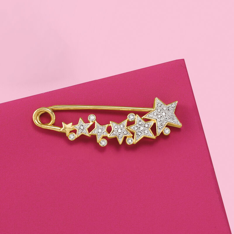 .10 ct. t.w. Diamond Star Safety Pin in 18kt Gold Over Sterling image number 2