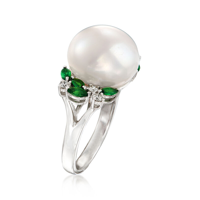 13-13.5mm Cultured Pearl, .70 ct. t.w. Tsavorite and .23 ct. t.w. Diamond Ring in 14kt White Gold. Size 7 image number 2