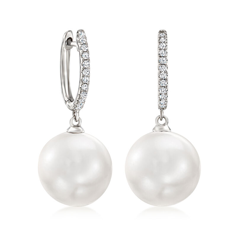 11-12mm Cultured South Sea Pearl and .11 ct. t.w. Diamond Hoop Drop Earrings in 14kt White Gold. 1 1/4&quot; image number 0