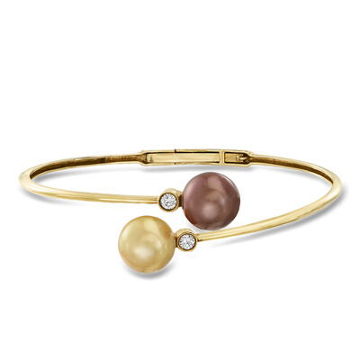 C. 1990 Vintage 11mm Cultured Champagne and Brown Pearl Bangle Bracelet with .20 ct. t.w. Diamonds in 18kt Yellow Gold