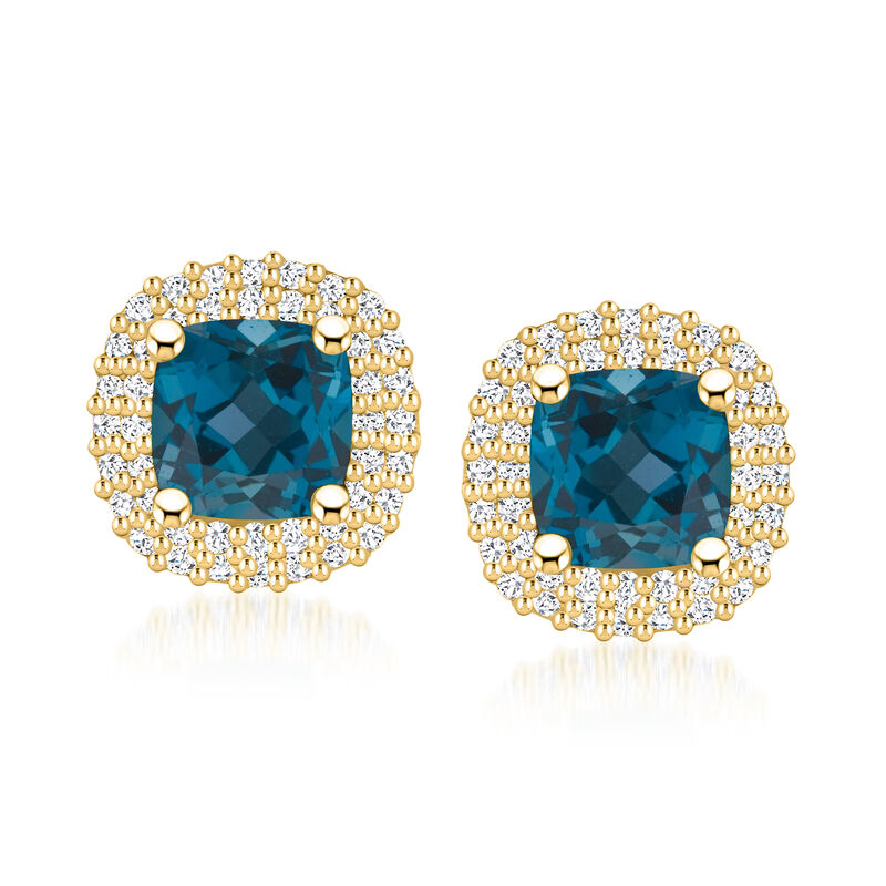 2.50 ct. t.w. London Blue Topaz Earrings with .44 ct. t.w. Diamonds in 14kt Yellow Gold  image number 0