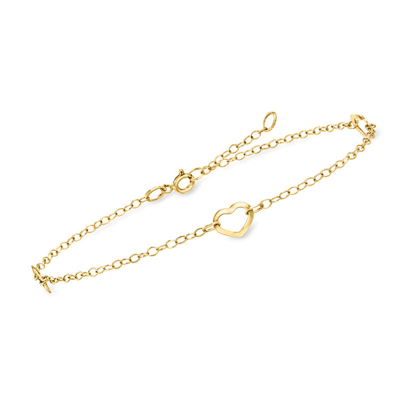 Italian 14kt Yellow Gold Open-Space Heart Station Anklet. 9&quot; image number 2