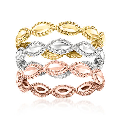 Rhodium and 14kt Two-Tone Gold-Plated Jewelry Set: Three Stackable Rings