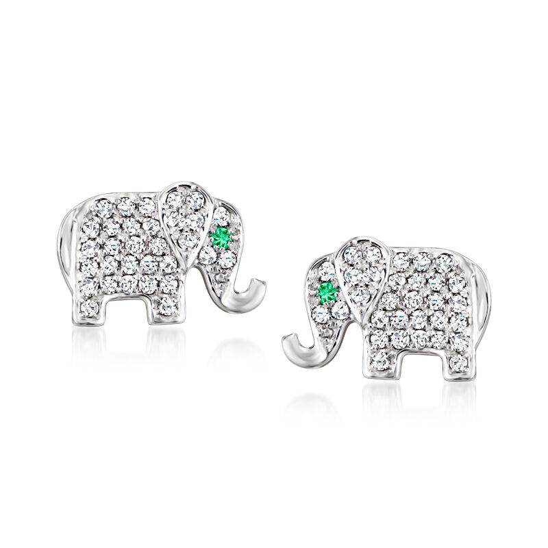 .20 ct. t.w. Diamond Elephant Earrings with Emeralds in Sterling Silver image number 0