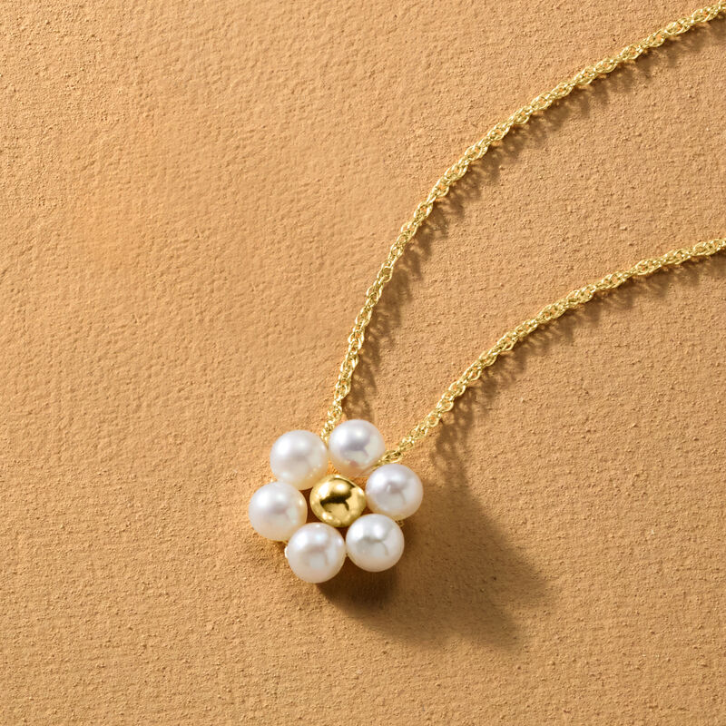 3-3.5mm Cultured Pearl Flower Necklace in 14kt Yellow Gold. 16" image number 3