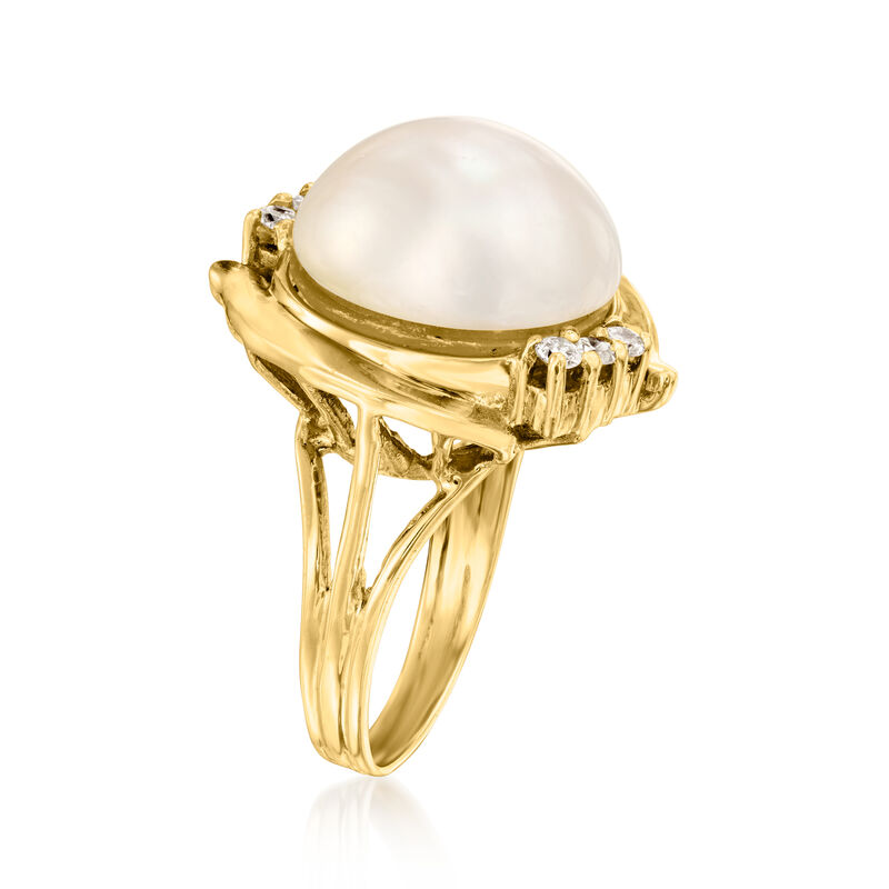 C. 1980 Vintage 14mm Cultured Pearl and .12 ct. t.w. Diamond Ring in 14kt Yellow Gold. Size 6 image number 2