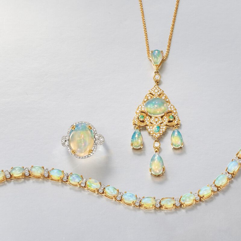 Opal and .50 ct. t.w. Diamond Chandelier Pendant in 14kt Yellow Gold  image number 2