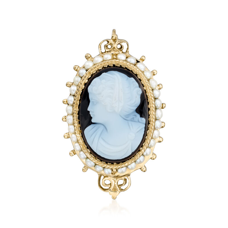 C. 1980 Vintage Black Agate Cameo Pin/Pendant with Seed Pearls in 14kt Yellow Gold image number 0