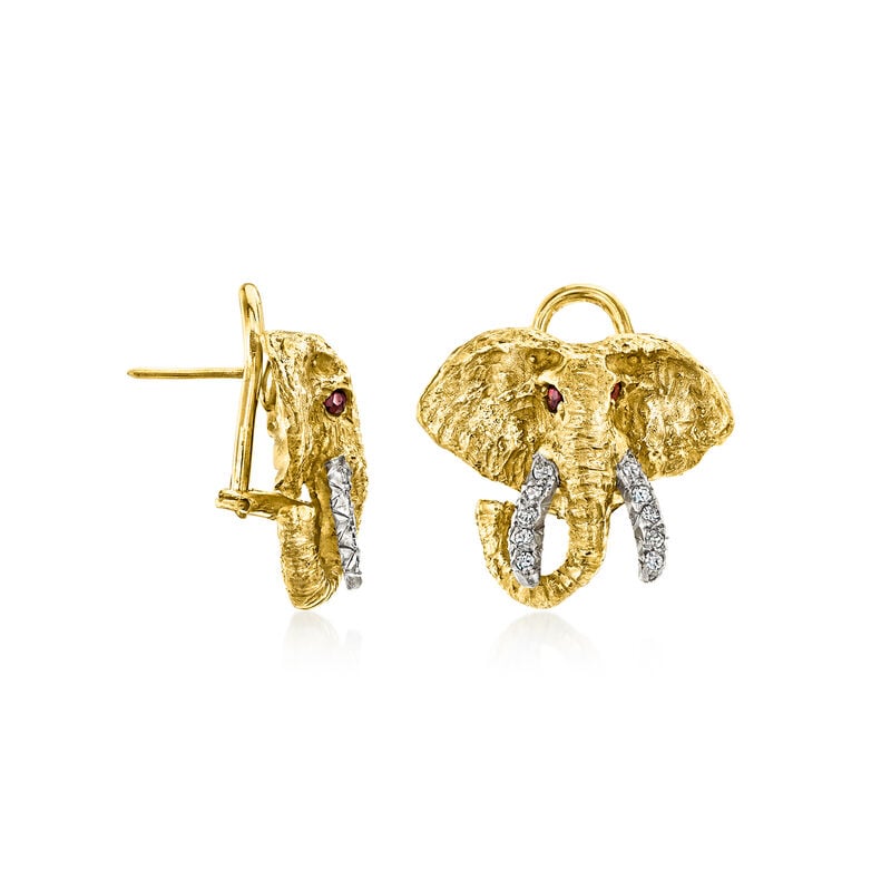 C. 1970 Vintage .20 ct. t.w. Diamond Elephant Earrings with Rubies in 18kt Yellow Gold image number 2