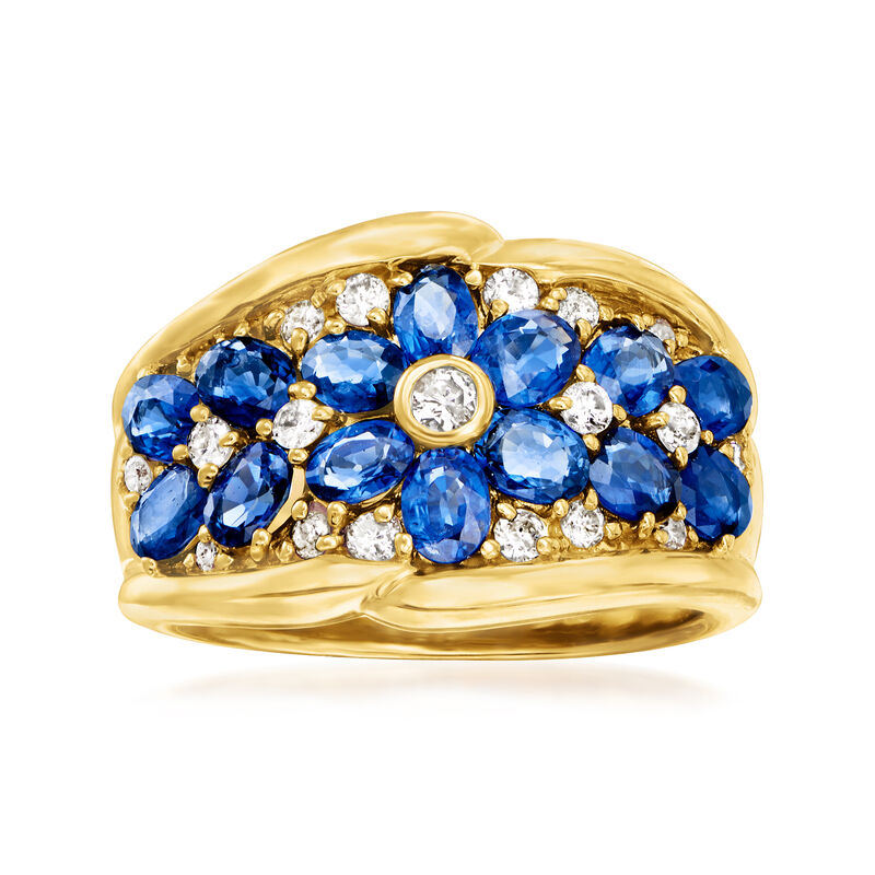 C. 1990 Vintage 2.58 ct. t.w. Sapphire and .36 ct. t.w. Diamond Flower Ring in 18kt Yellow Gold. Size 6.5 image number 0