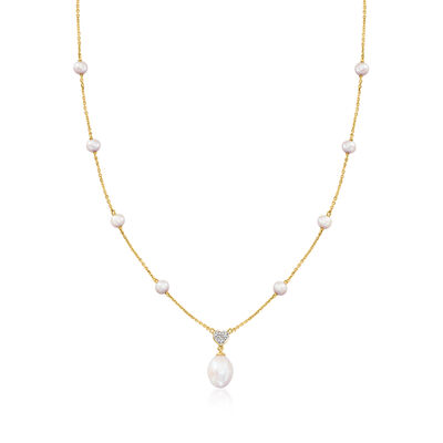 C. 1990 Vintage 4.5-11x8mm Cultured Pearl Station Necklace with Diamond Heart in 14kt Yellow Gold