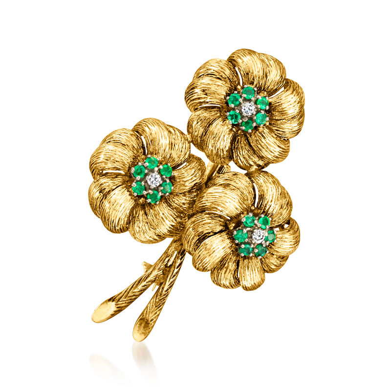 C. 1970 Vintage .75 ct. t.w. Emerald and .10 ct. t.w. Diamond Flowers Pin in 18kt Yellow Gold  image number 0