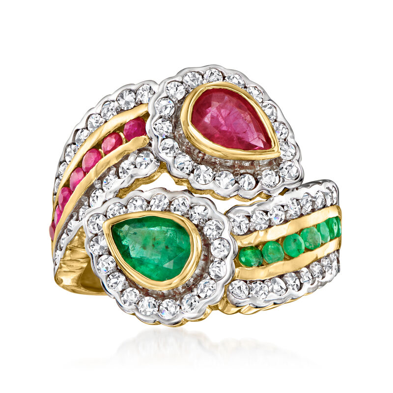 1.10 ct. t.w. Ruby and 1.00 ct. t.w. Emerald Bypass Ring with 1.20 ct. t.w. White Zircon in 18kt Gold Over Sterling image number 0
