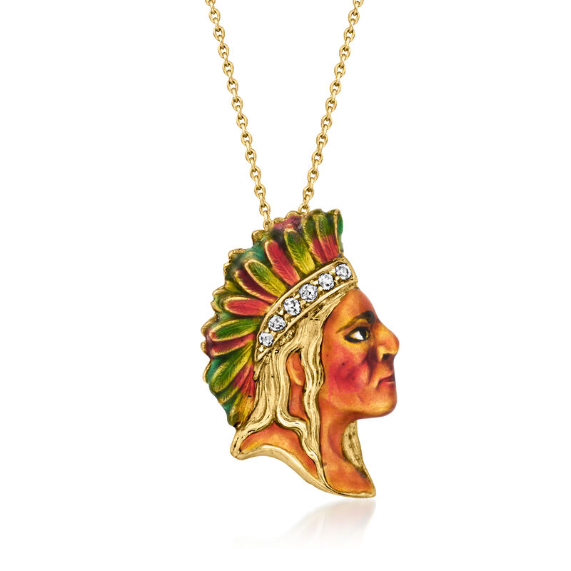 C. 1960 Vintage Native American Pendant Necklace with Diamonds and Enamel in 14kt Yellow Gold. 16" image number 0