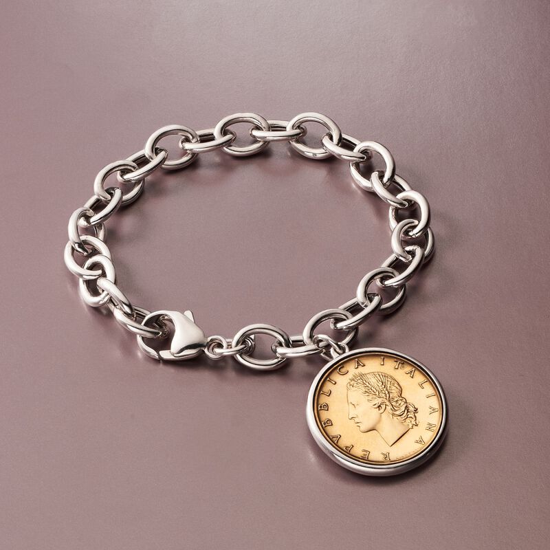 Italian Genuine 20-Lira Coin Charm Bracelet in Sterling Silver image number 4